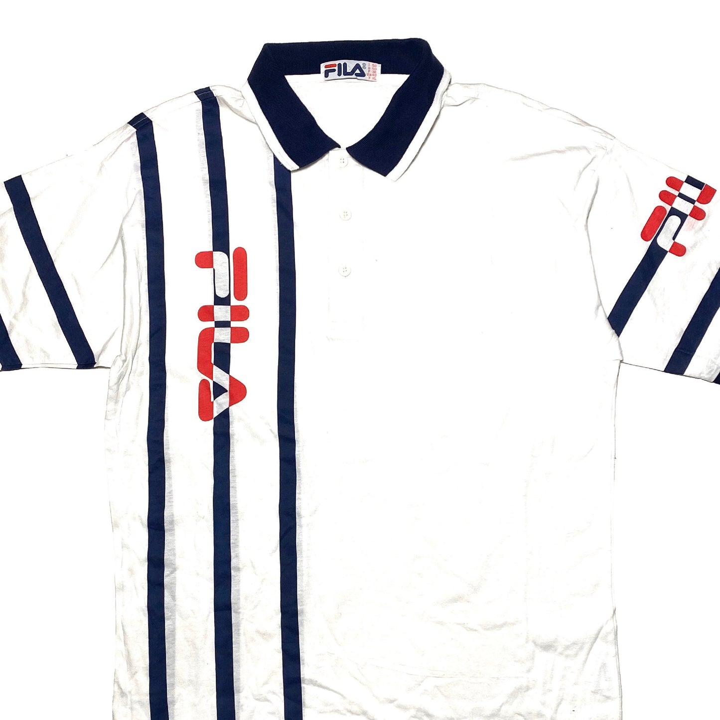 Fila 80s NWT white cotton polo with navy stripes and big brand print, US 40 / 44 available