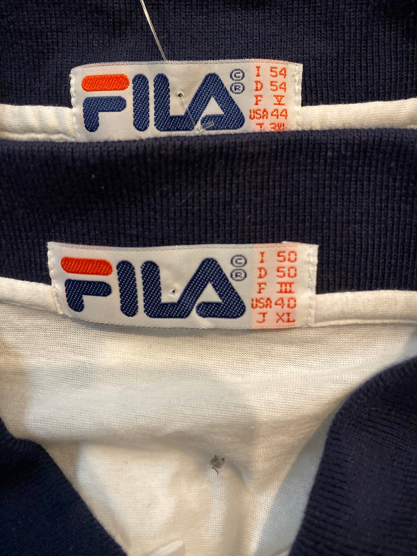 Fila 80s NWT white cotton polo with navy stripes and big brand print, US 40 / 44 available