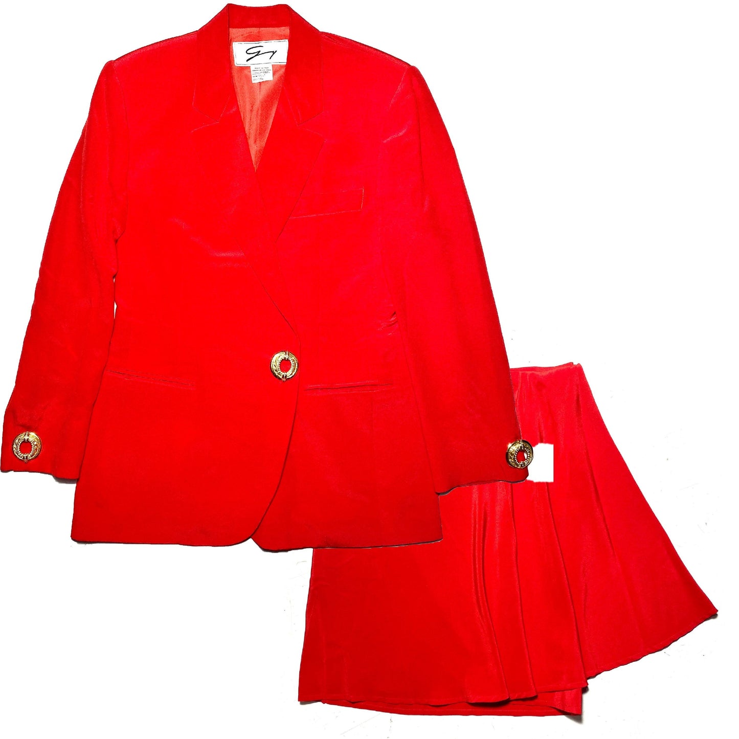 Genny pure silk red suit 2pcs set skirt / blazer with golden jewel buttons, perfect condition sz 42 Italy 90s