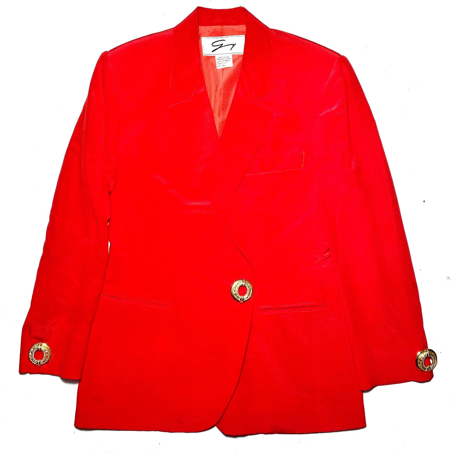 Genny pure silk red suit 2pcs set skirt / blazer with golden jewel buttons, perfect condition sz 42 Italy 90s