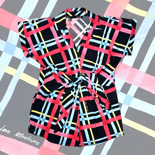 Love Moschino colorful checkered allover blouse, usable as dress too, 90s Italy great condition