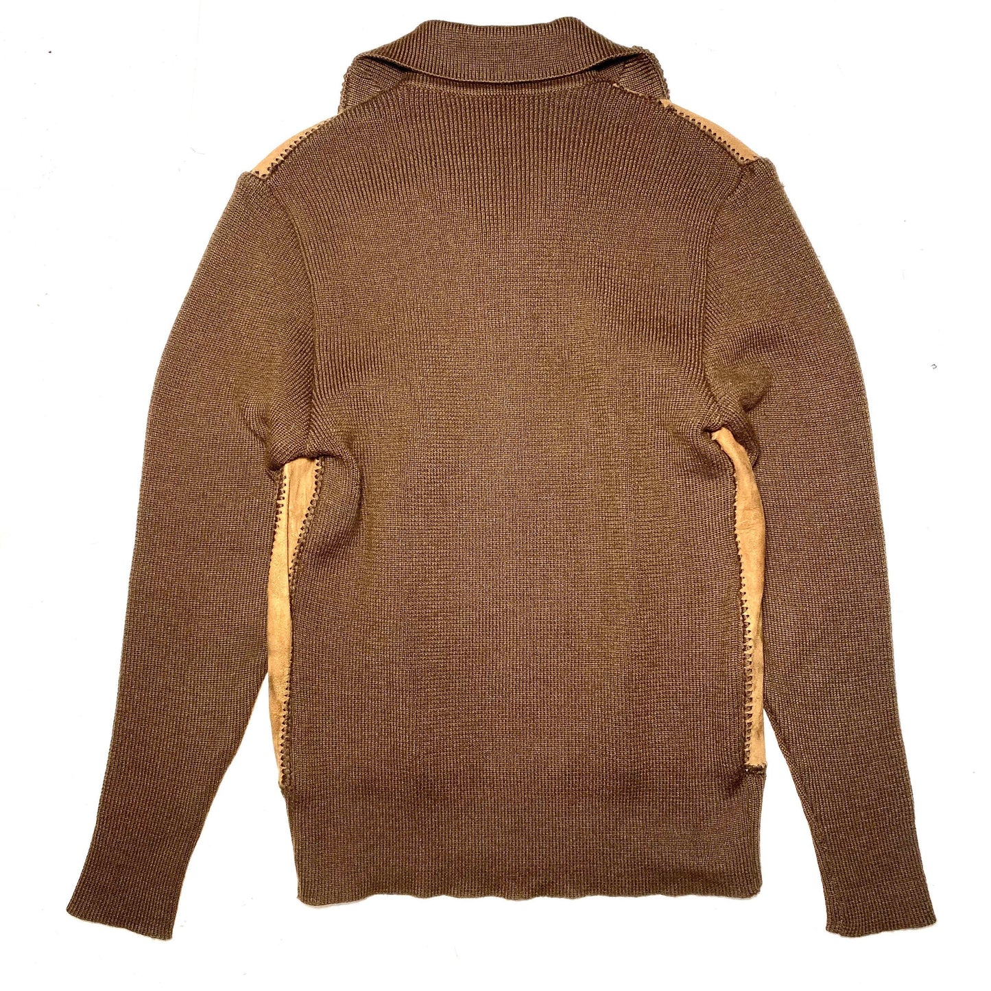 Silver 1970s zip up jumper, brown wool / cowhide / suede patchwork collared jumper; hand made in Italy mint condition