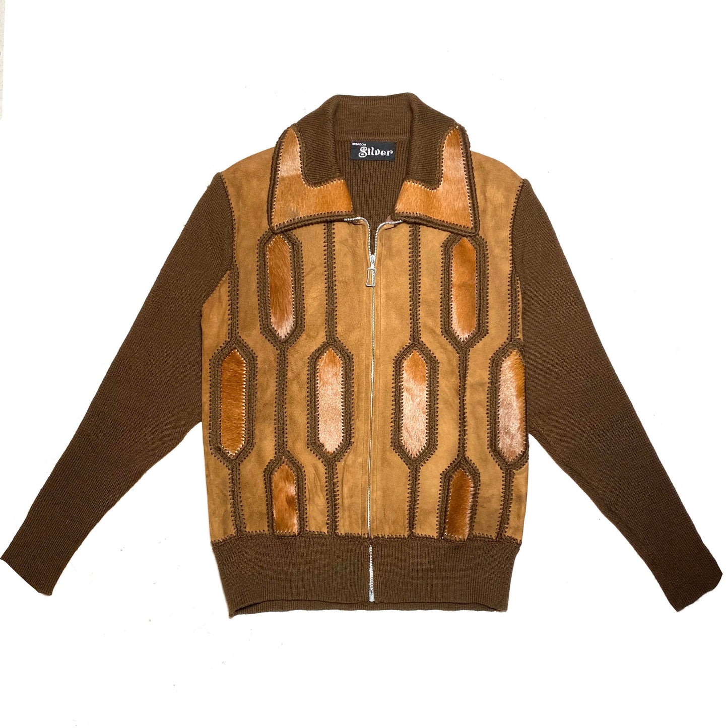 Silver 1970s zip up jumper, brown wool / cowhide / suede patchwork collared jumper; hand made in Italy mint condition