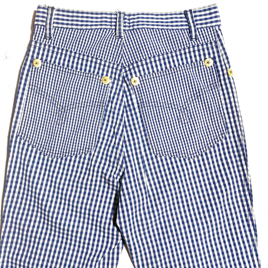 Moschino Jeans 90s blue-white checks slim trousers with golden buttons, cotton/viscose/spandex blends mint condition sz 27