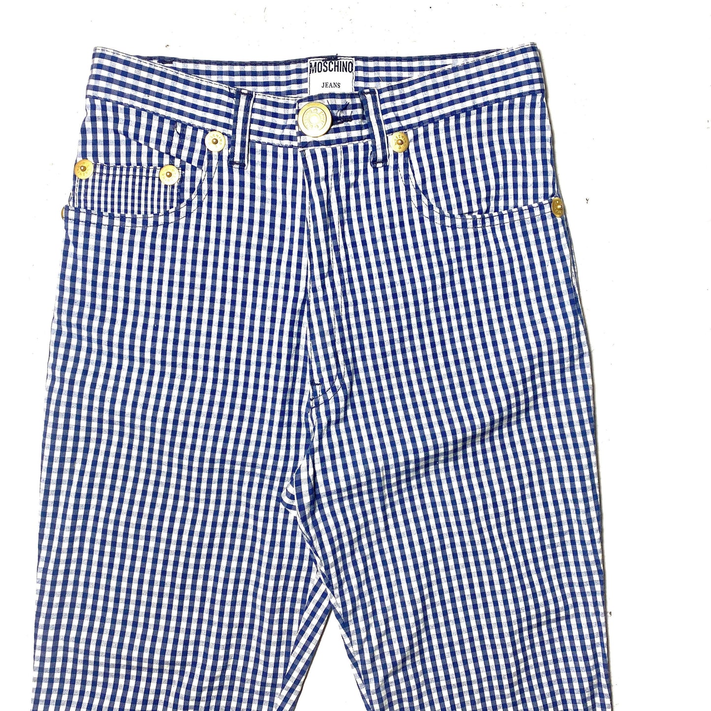 Moschino Jeans 90s blue-white checks slim trousers with golden buttons, cotton/viscose/spandex blends mint condition sz 27