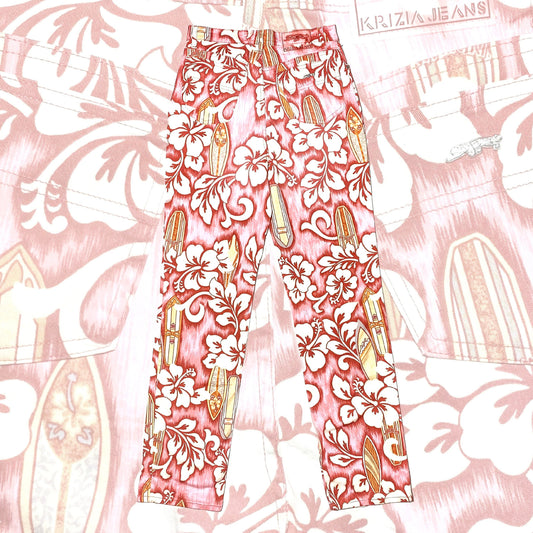 Krizia Jeans hawaiian style print trousers sz 28, floral / surf boards allover, 90s mint condition