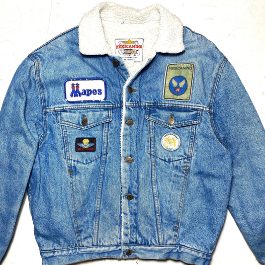 Mexicanino by Avirex blue denim Sherpa faux fur trucker jacket, 1980s great condition sz M