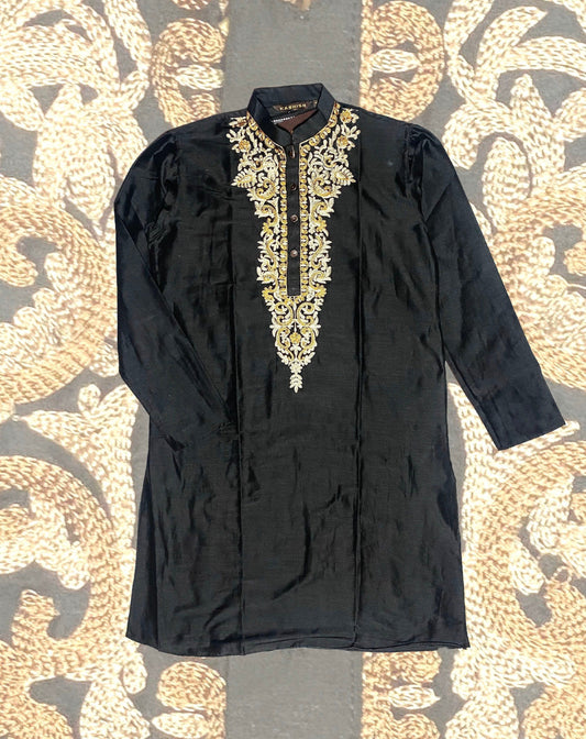 Indian kurta men long dress shirt, black with silk embroidery on chest, wood buttons, NOS