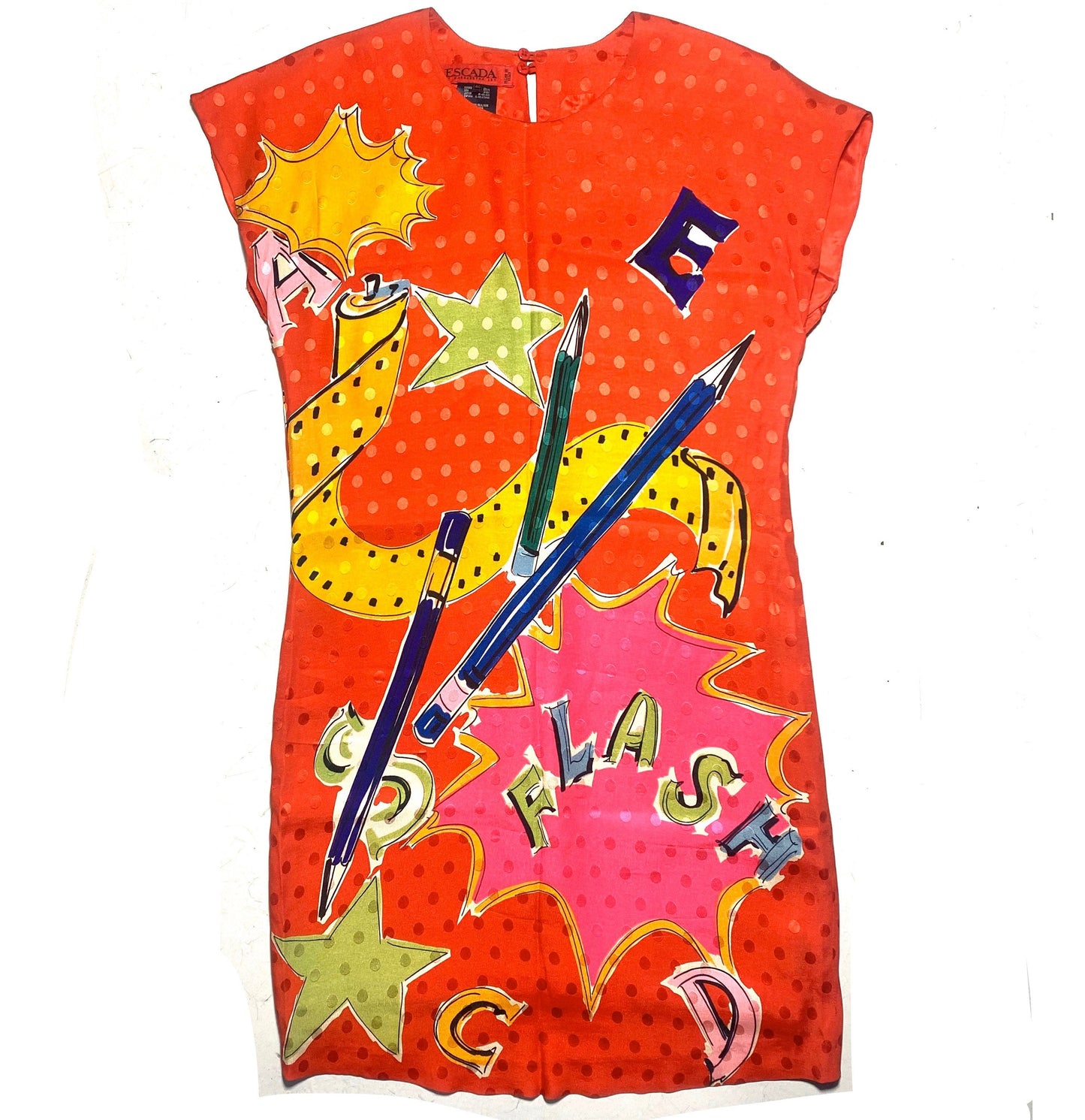 Escada red silk polka dot / colorful pop pencil print allover dress size 40 / M