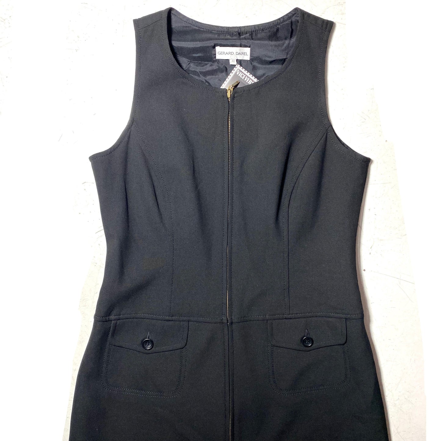 Gerard Darel minimal mod black tube dress with front zipper and double pockets, sz 40 France 80s