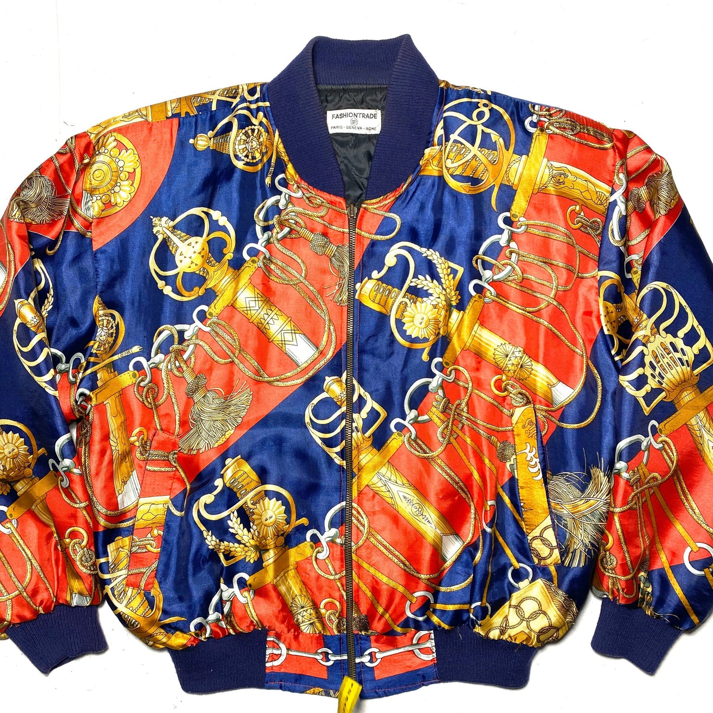 Baroque bomber jacket, hermes print blue/navy with golden swords, great condition