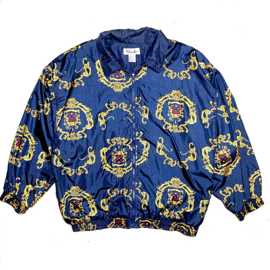 Slade baroque navy nylon windbreaker with golden royalty allover, white cotton lining, in mint condition sz L