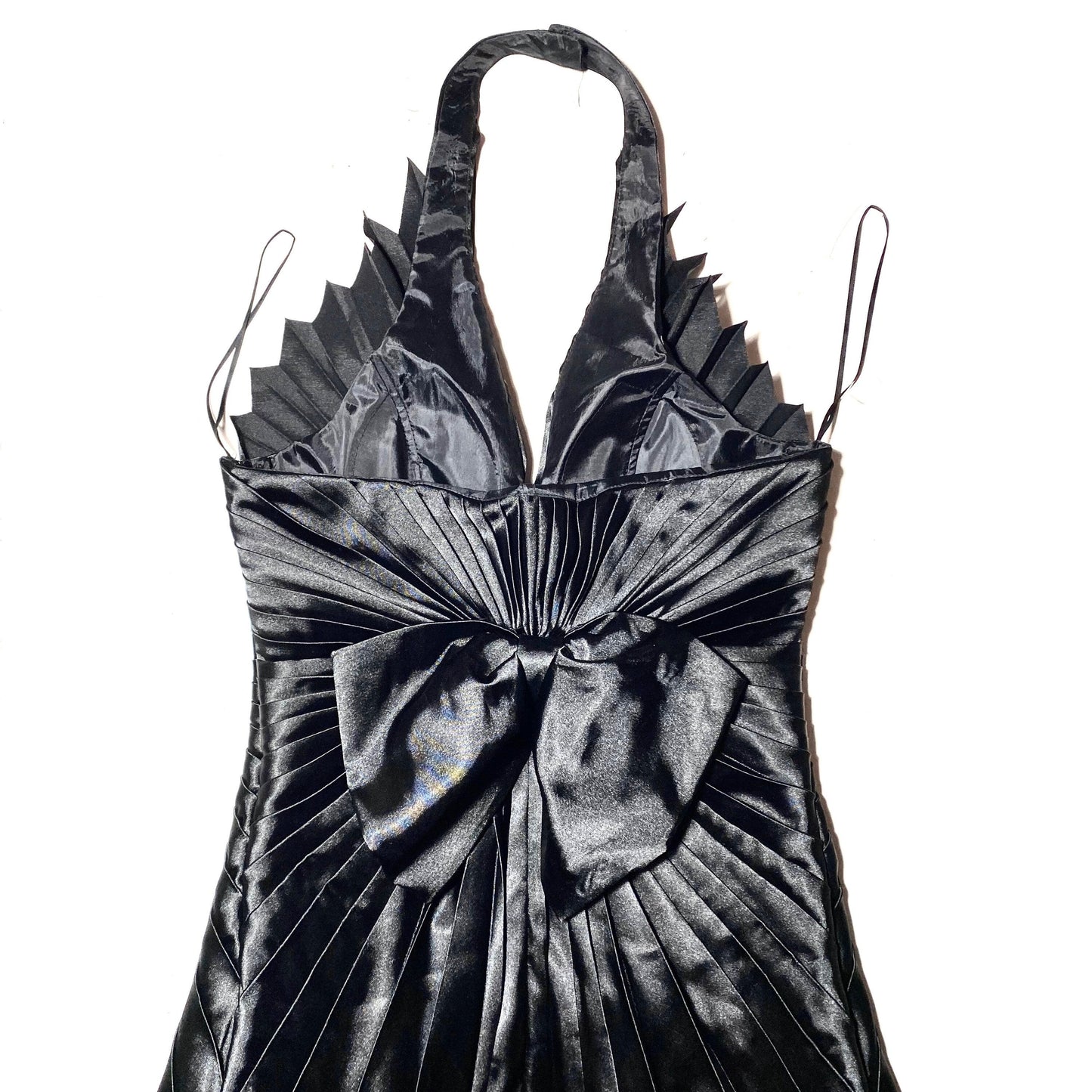 Lissa long black satin pleated party dress with rhinestones and rhombus embroidery at waist, NOS 80s Italy