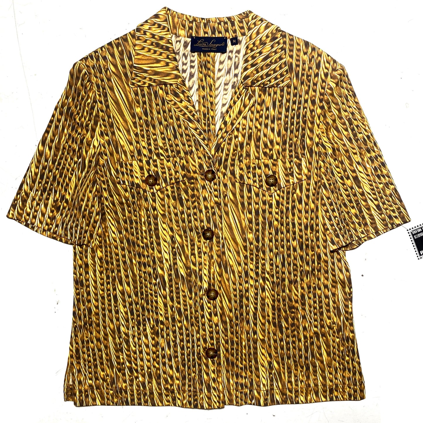 Luisa Spagnoli baroque golden chain photo print double chest pocket short sleeve shirt size M, Mint