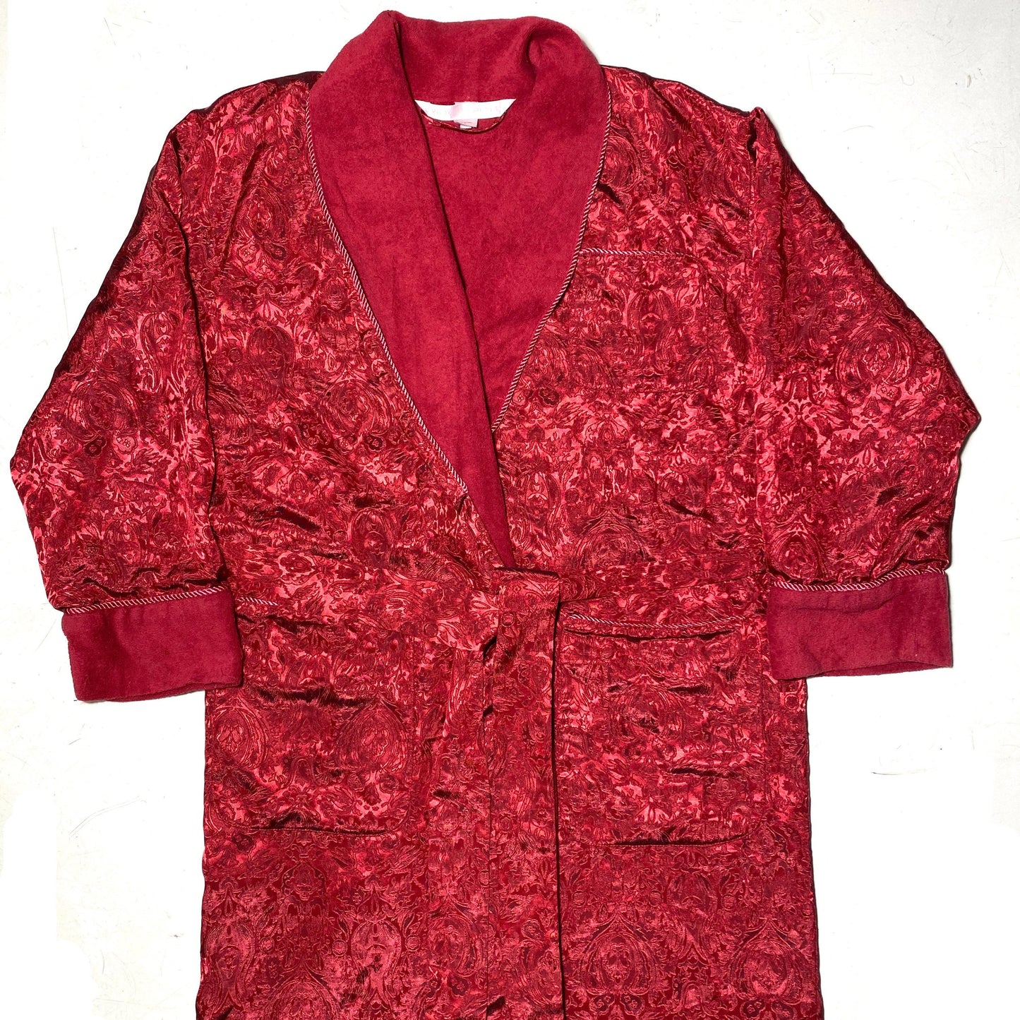 Victoria Secret red shiny satin jacquard baroque dressing gown with terry lining, size S, mint