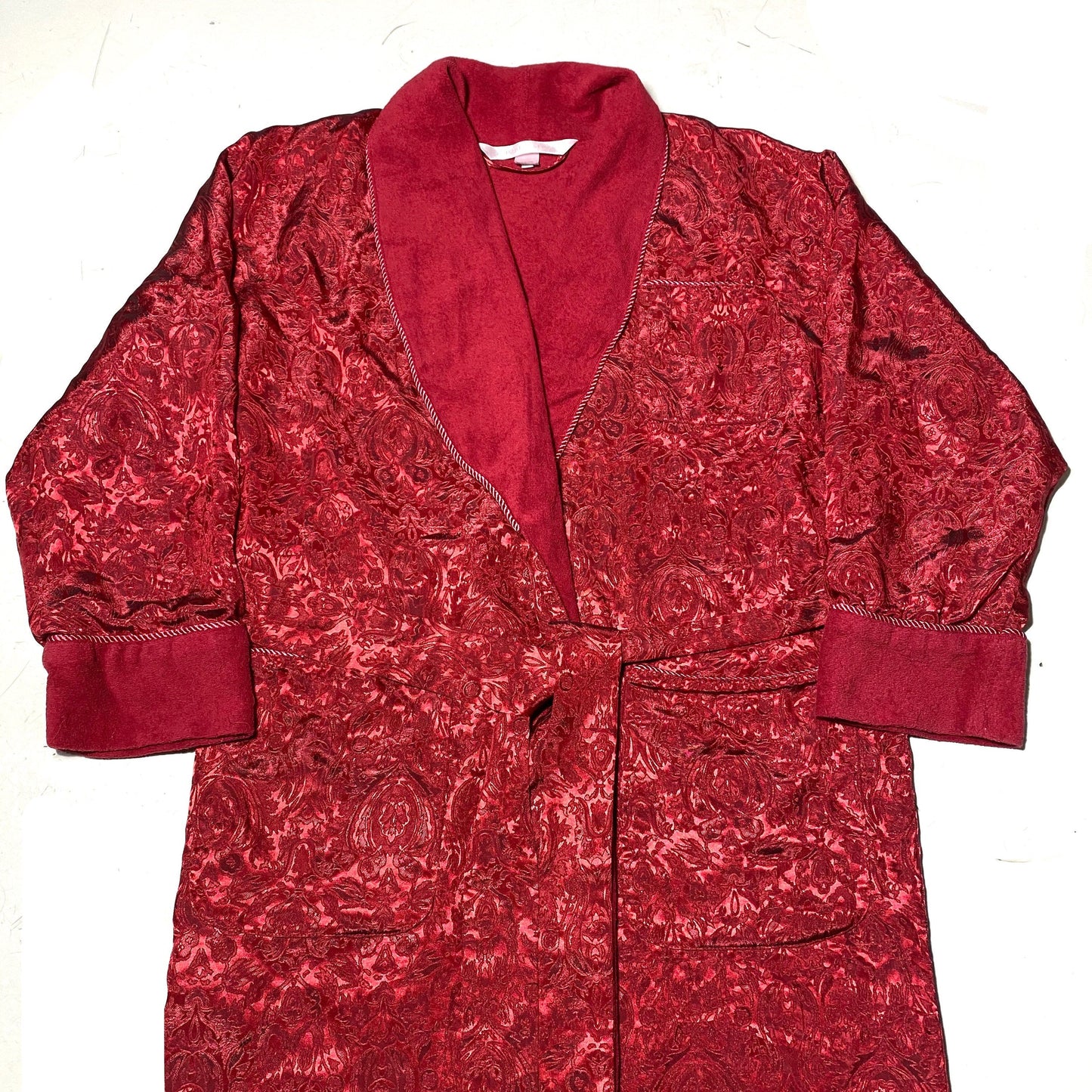 Victoria Secret red shiny satin jacquard baroque dressing gown with terry lining, size S, mint