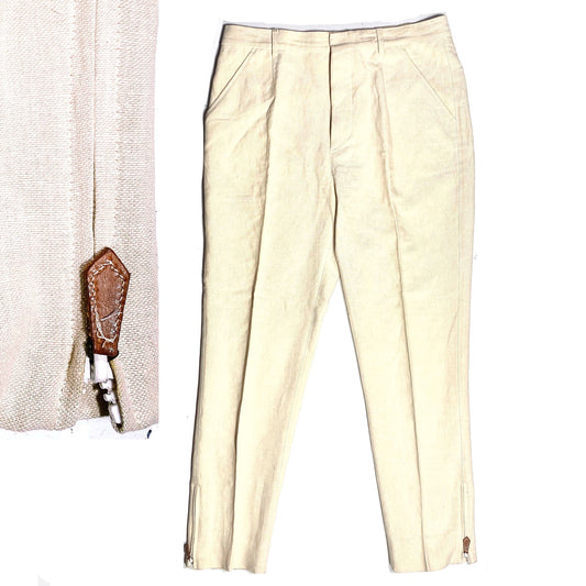 Timeo luxury beige linen trousers with leather zipper at the ankles, finest quality, NOS 2000s Italy