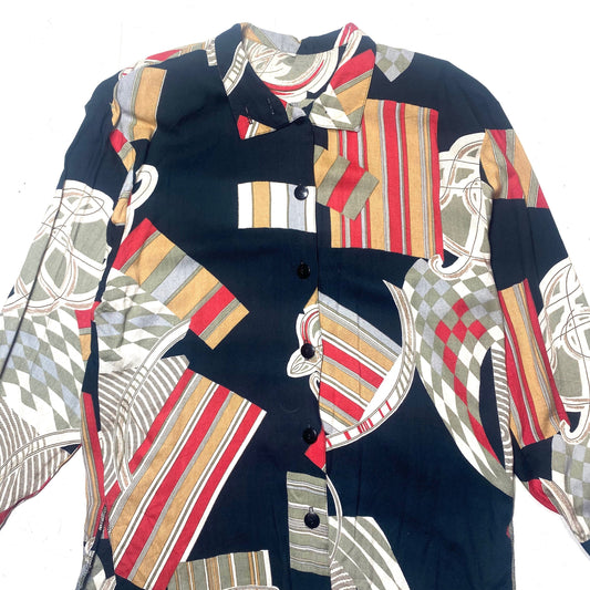 Cool abstract allover blouse in pure viscose, interesting collar, mint condition