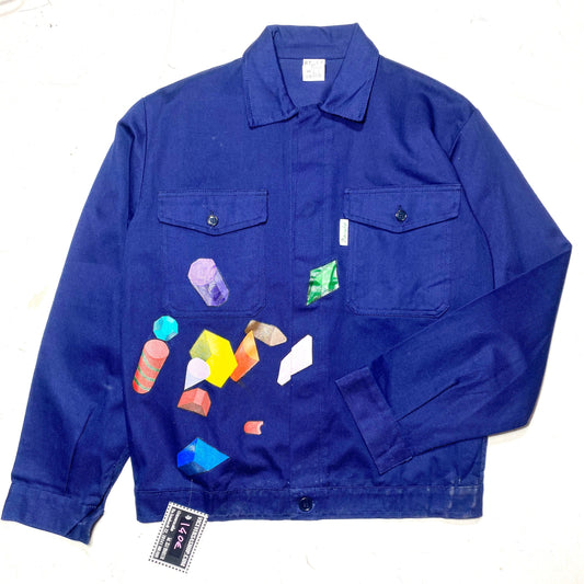 Brembo French blue chore worker jacket hand painted with colorful geometrical solids, NOS 80s