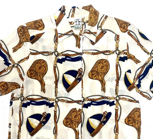 Setex 80s pure silk ecru baroque saddles print shirt with chains and  straps, mint condition Italy