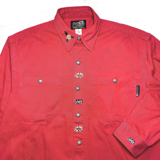 Top Spirit red cotton denim shirt with cute alps themed embroideries, cows, Alpine stars, in mint condition sz L