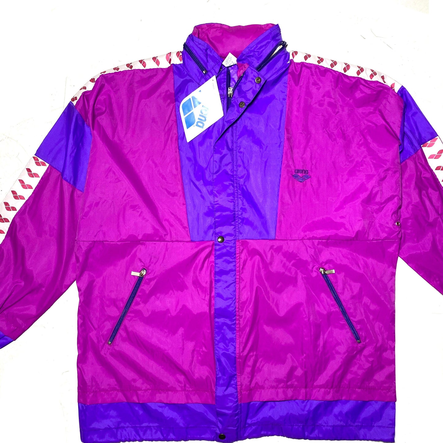 Arena 90s fucsia/purple rain jacket with extractable hood, new with tags made in Italy