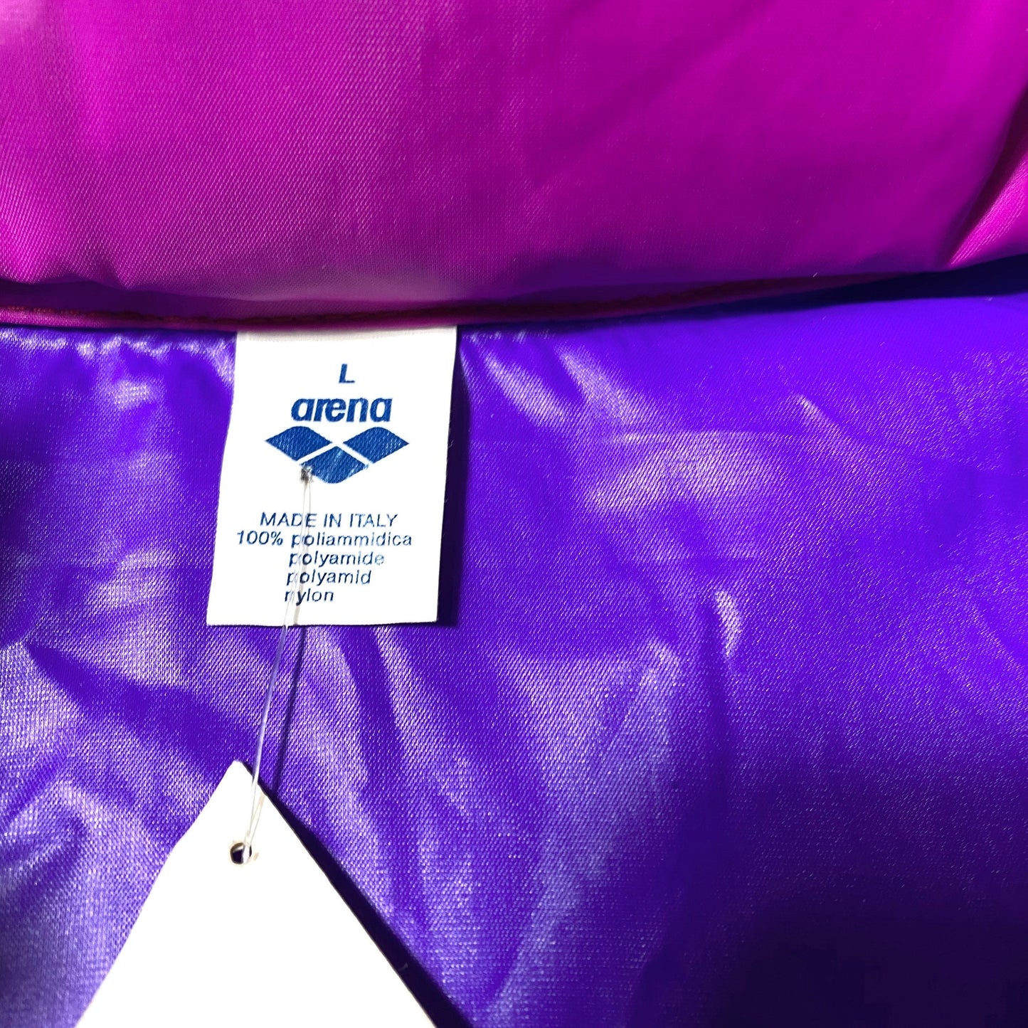 Arena 90s fucsia/purple rain jacket with extractable hood, new with tags made in Italy