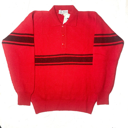 Gea Tricot red ribbed wool collared sweater with navy stripe, sz 48 new and unworn from deadstock