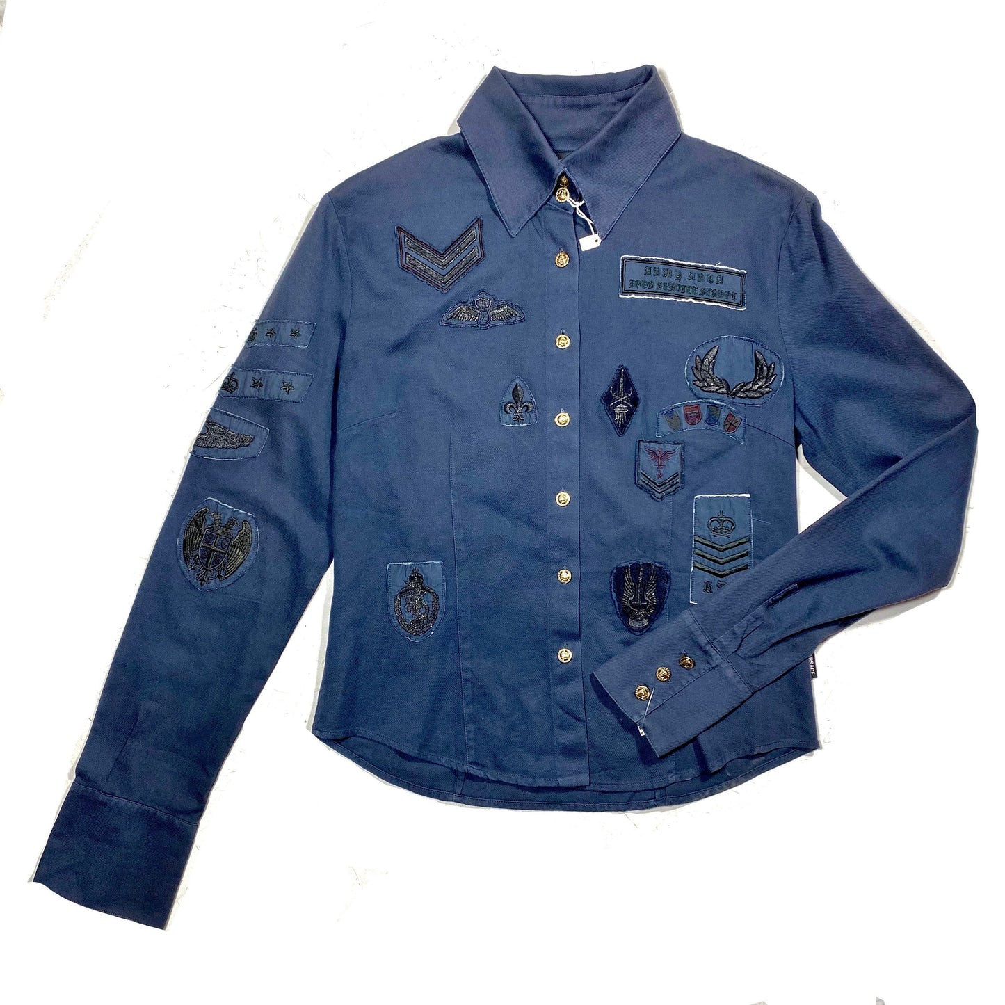 Versace Jeans military style navy cotton canvas blouse full of patches & medusa buttons, 90s Italy mint