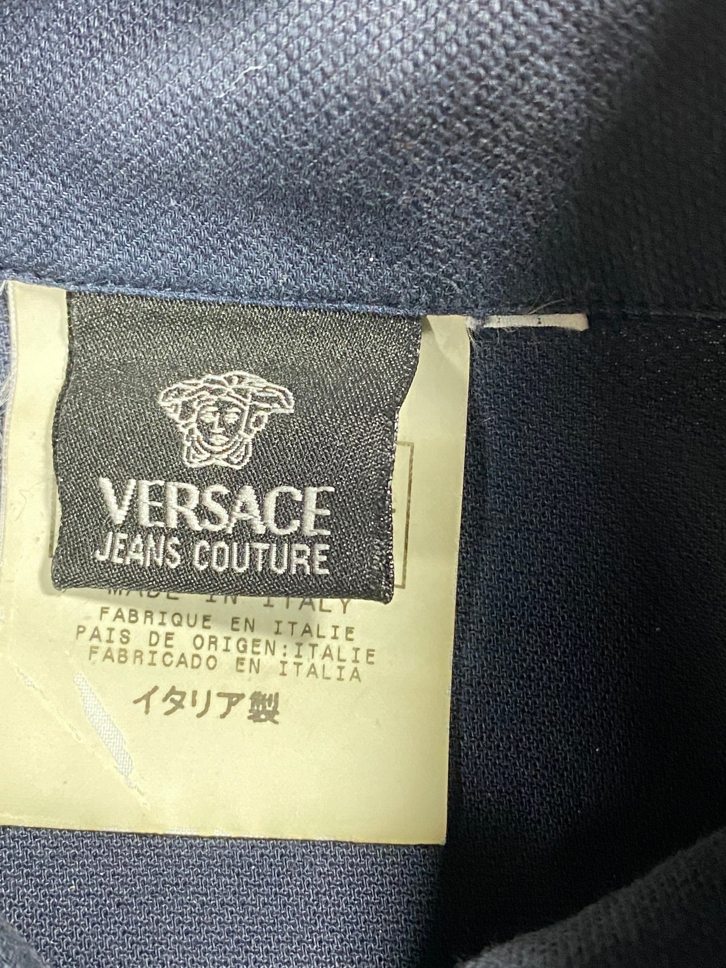 Versace Jeans military style navy cotton canvas blouse full of patches & medusa buttons, 90s Italy mint