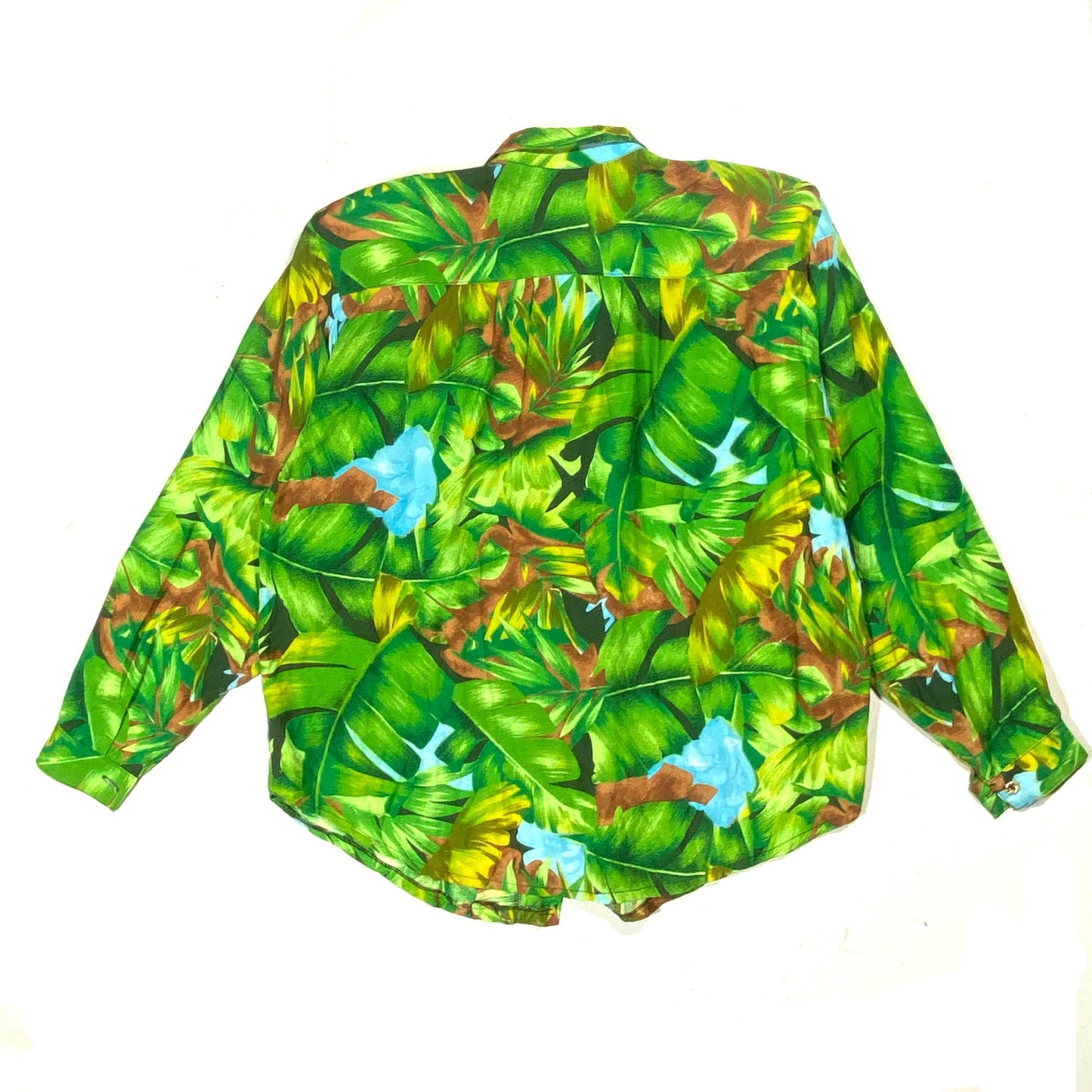 Bright green tones blouse, jungle palm leaves allover print on a fresh 100% viscose, mint sz M