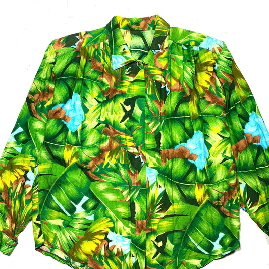 Bright green tones blouse, jungle palm leaves allover print on a fresh 100% viscose, mint sz M
