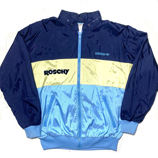 Adidas Roschy azure/ yellow/ navy satin windbreaker with retractable hood, 80s mint condition