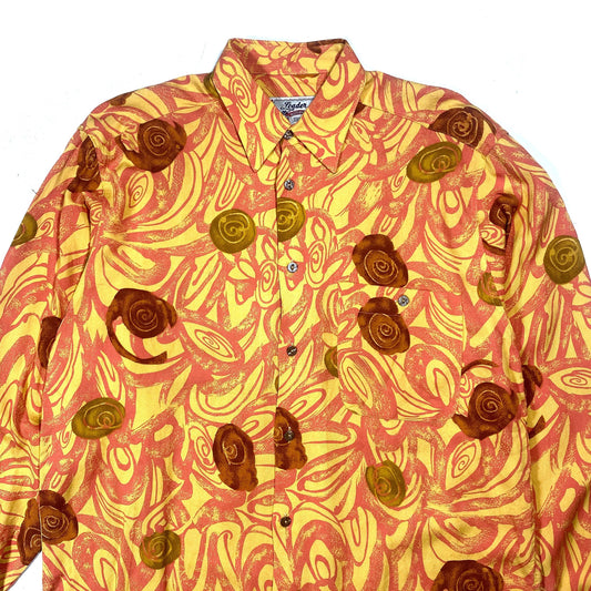 Leader abstract Ochre \ Orange / Brown tones fine viscose summer shirt, Sz S but fits more