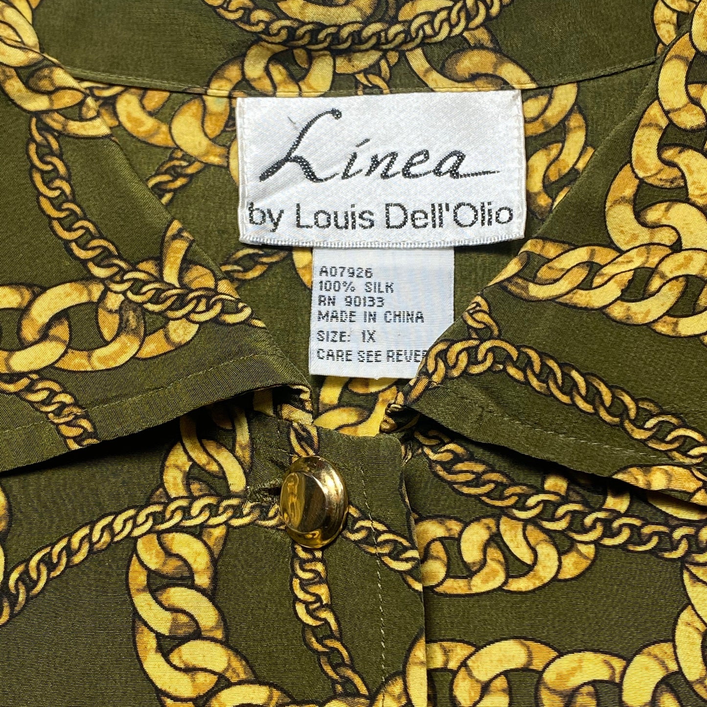 Linea pure silk military green shirt with golden chains allover, beautiful and minty sz L, mint condition