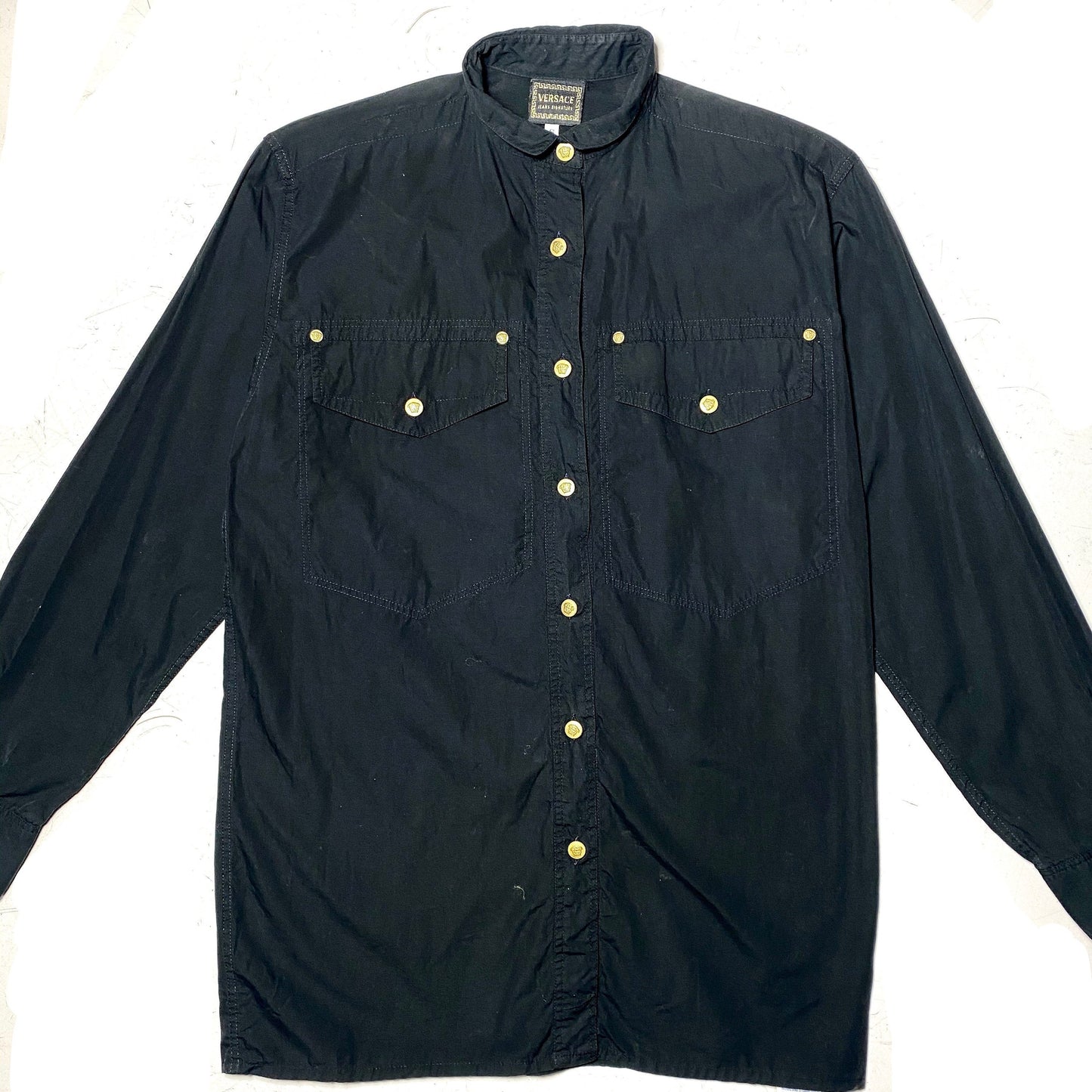 Versace Jeans signature black cotton shirt with mandarin collar and golden medusa buttons, 90s mint condition