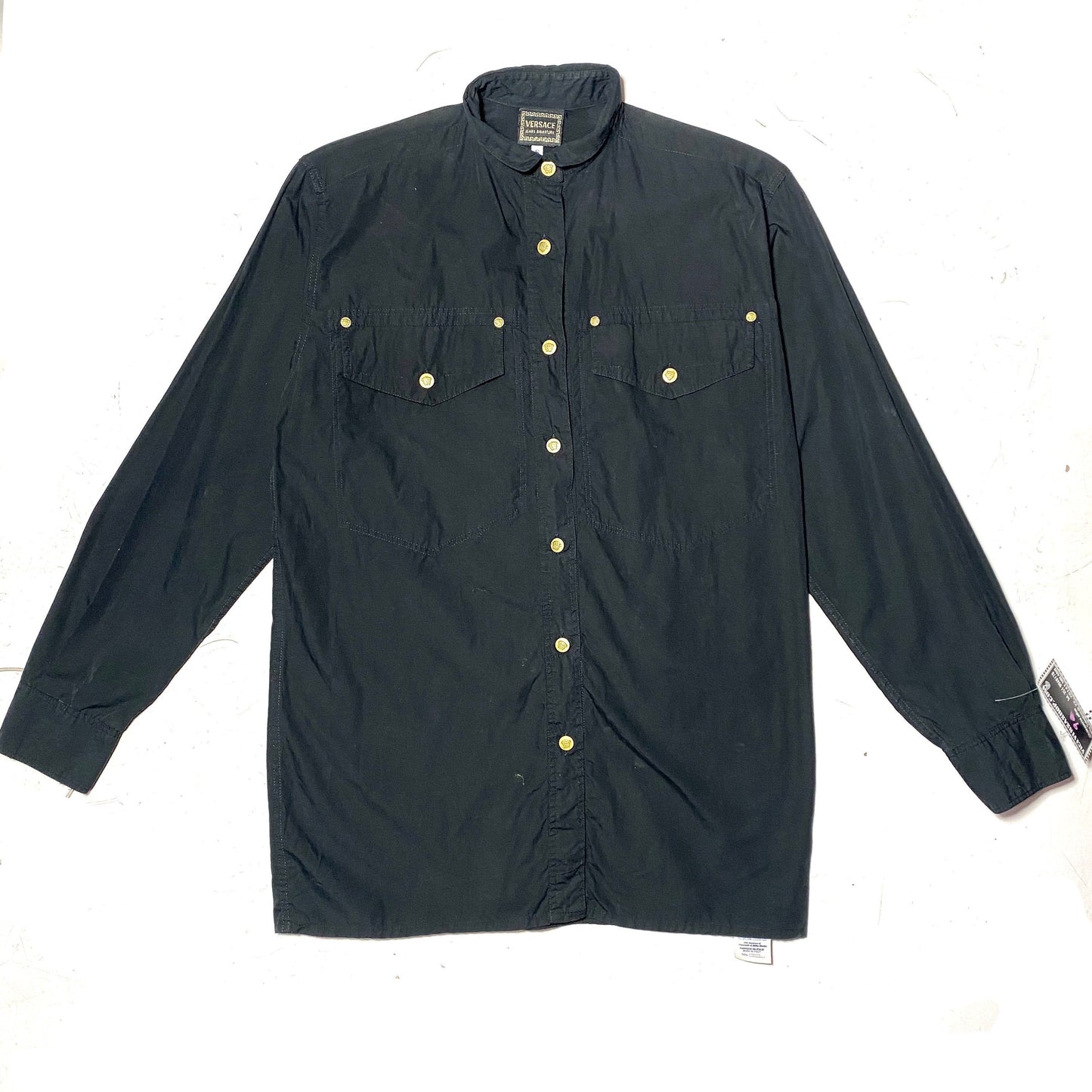 Versace Jeans signature black cotton shirt with mandarin collar and golden medusa buttons, 90s mint condition