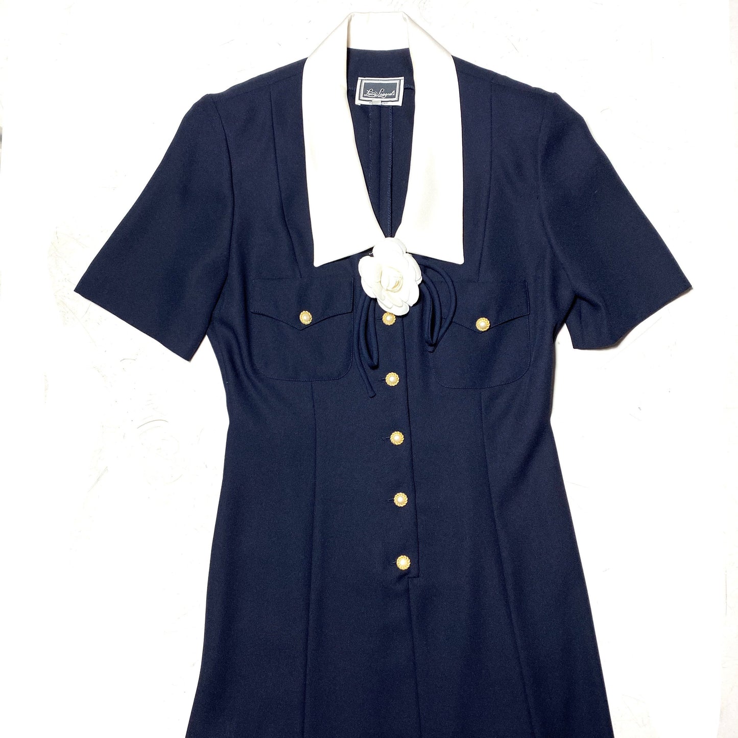 Luisa Spagnoli navy dress with white collar and fabric flower adornement, scholar bon ton style, 90s Italy mint sz 42