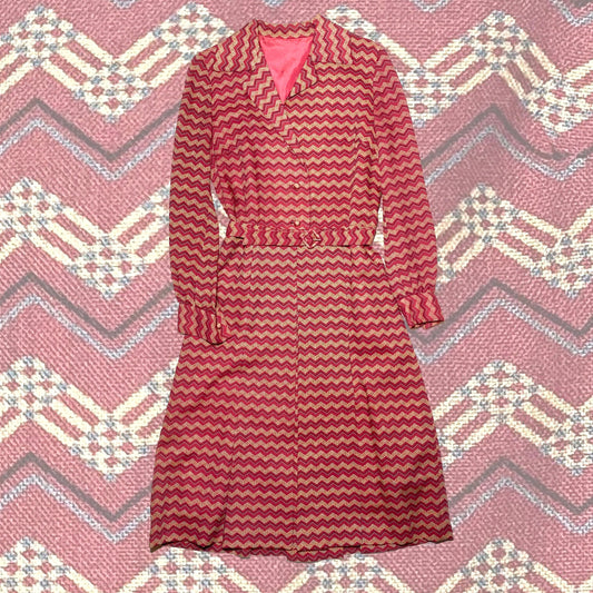 1970s burgundy cotton chevron allover dress with satin lining, matching belt, mint condition.
