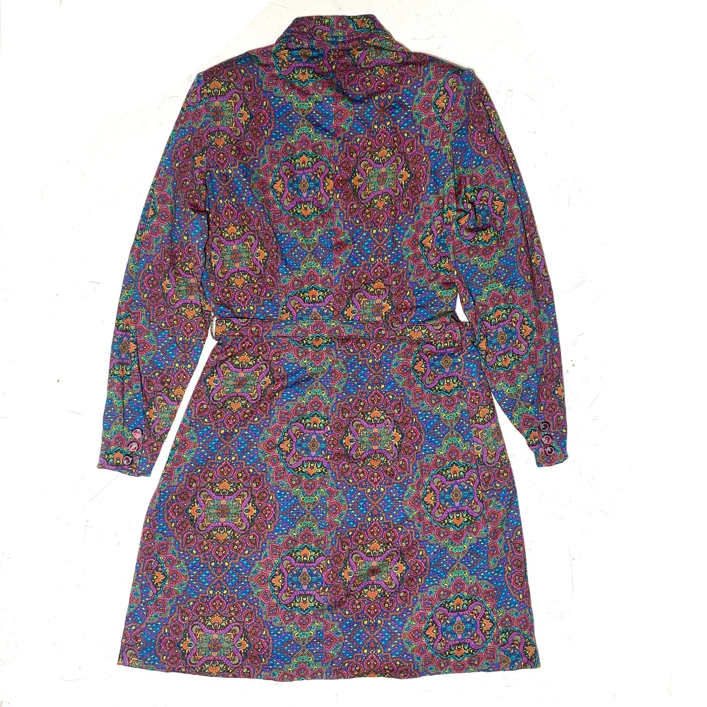 1970s colorful wool boho dress with a catchy purple/blue/green floral stylized pattern similar to tapestry, mint condition