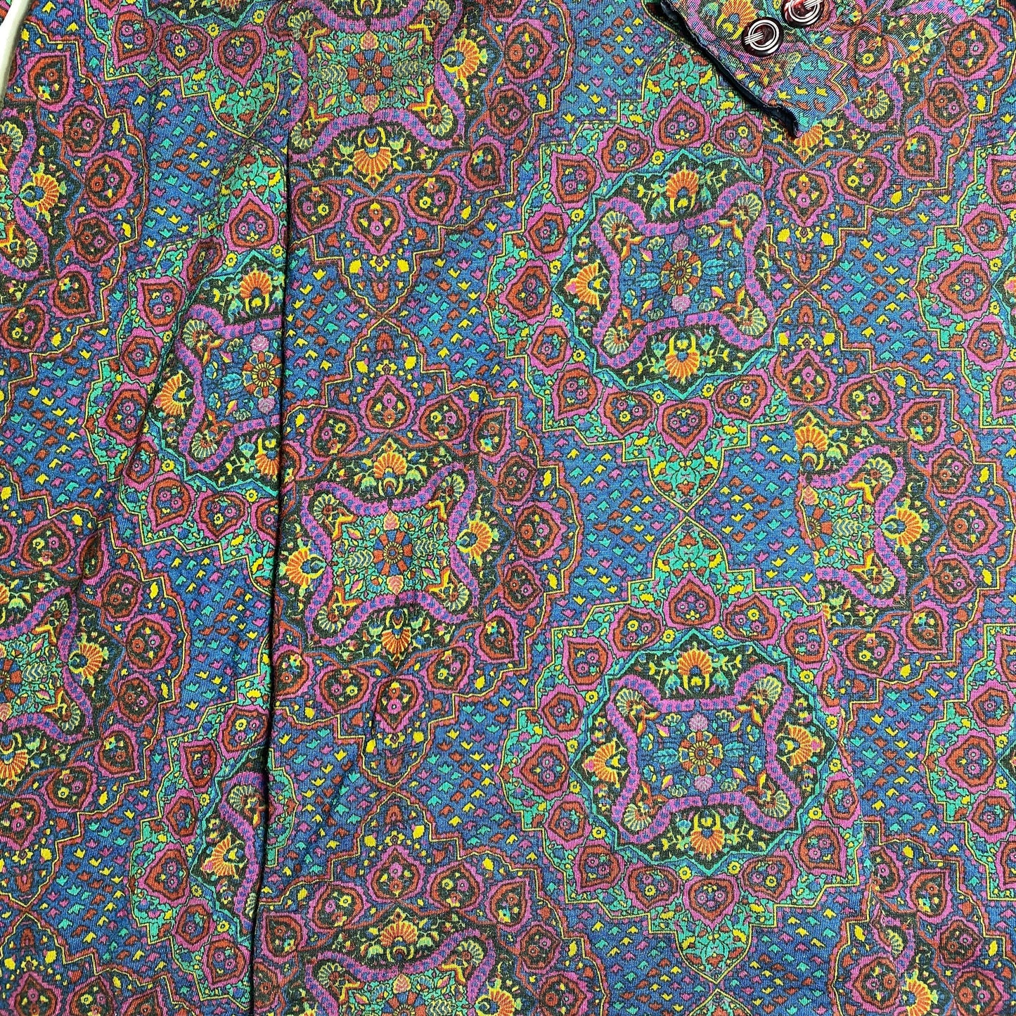 1970s colorful wool boho dress with a catchy purple/blue/green floral stylized pattern similar to tapestry, mint condition