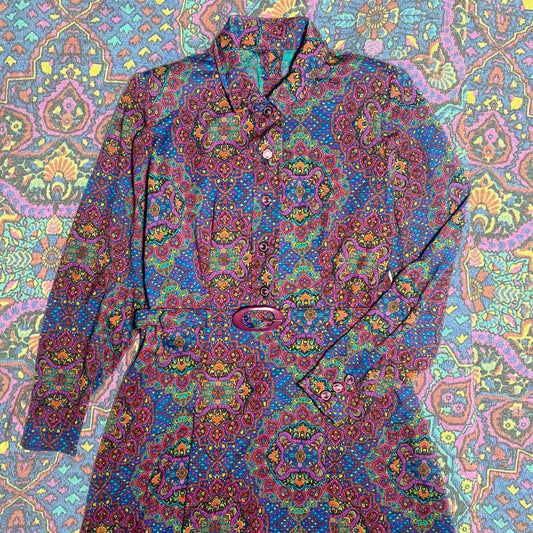 1970s colorful wool boho dress with a catchy purple/blue/green floral stylized pattern similar to tapestry, mint condition