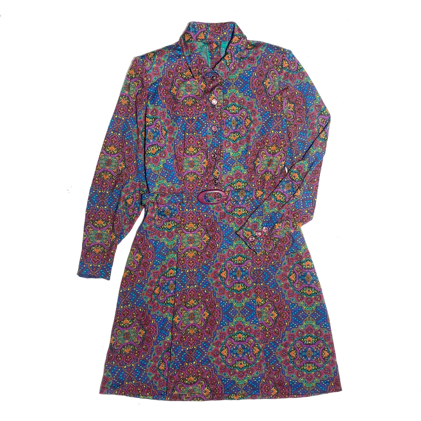 1970s colorful wool boho dress with a catchy purple/blue/green floral stylized pattern similar to tapestry, mint condition