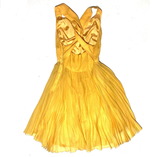 Mustard silk double layered crossed back straps princess dress tailor made, mint