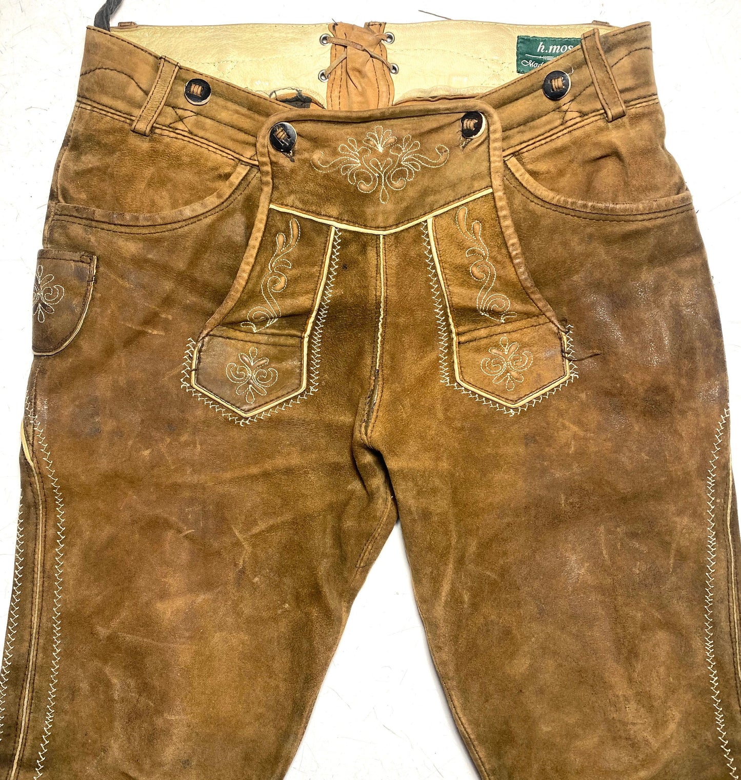 H.Moser trachten leather trousers, traditional German / Tiroler oktoberfest style alpen shorts, size 44