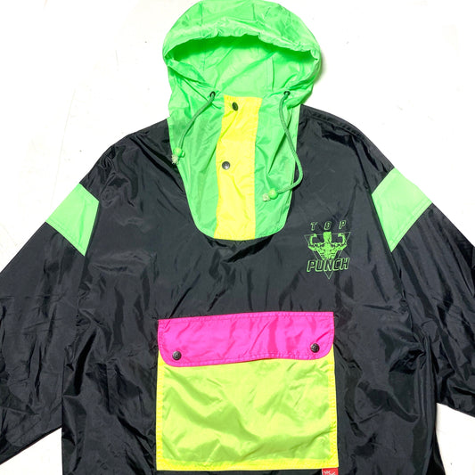 TopPunch black + neon colors pullover rain jacket, foldable into a waistpack 80s NOS mint