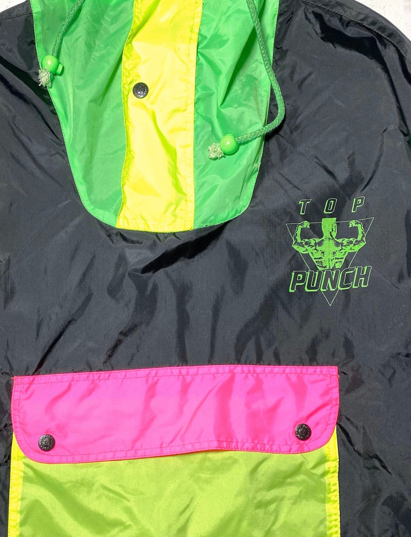 TopPunch black + neon colors pullover rain jacket, foldable into a waistpack 80s NOS mint