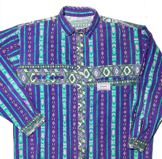 Flach Bleu Paris hip shirt purple/green navajo geometrical allover,  80s made in France great condition