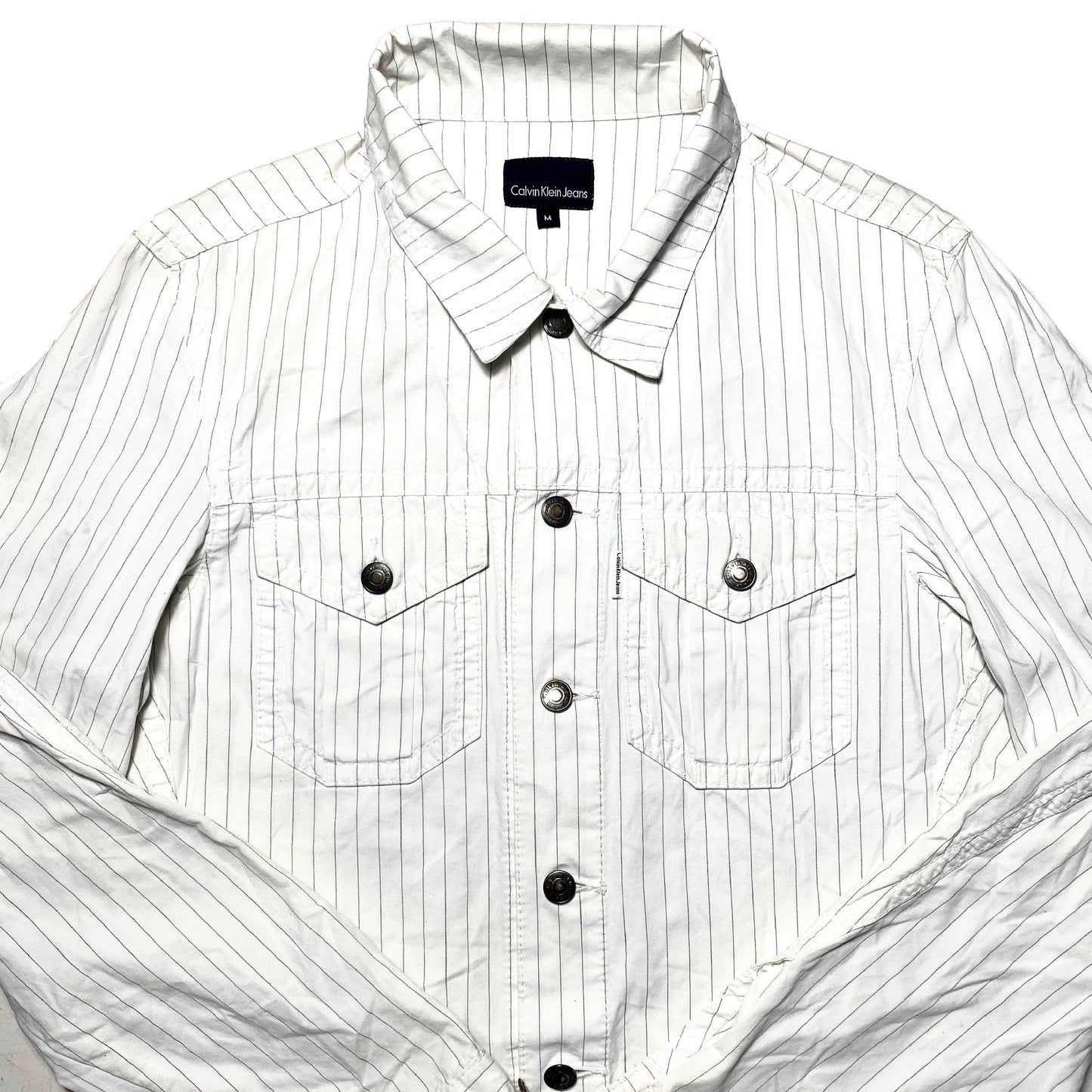 Calvin Klein white cotton trucker jacket with black pintstripe allover sz M, 90s mint condition