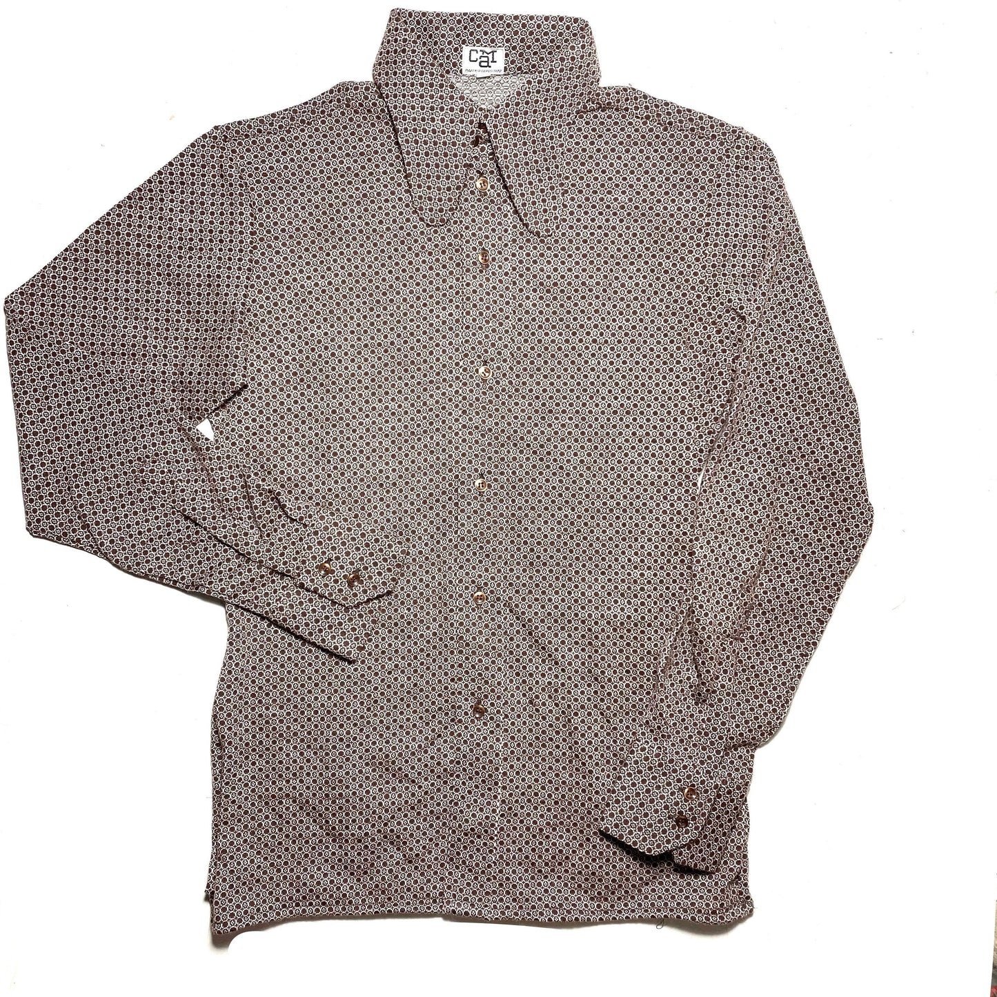 Cam brown/white beagle neck shirt, jacquard knit geometrical allover, made in Italy 1970 NOS in perfect condition
